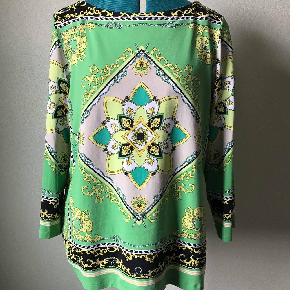 Charter Club Long Sleeve Green Print Blouse